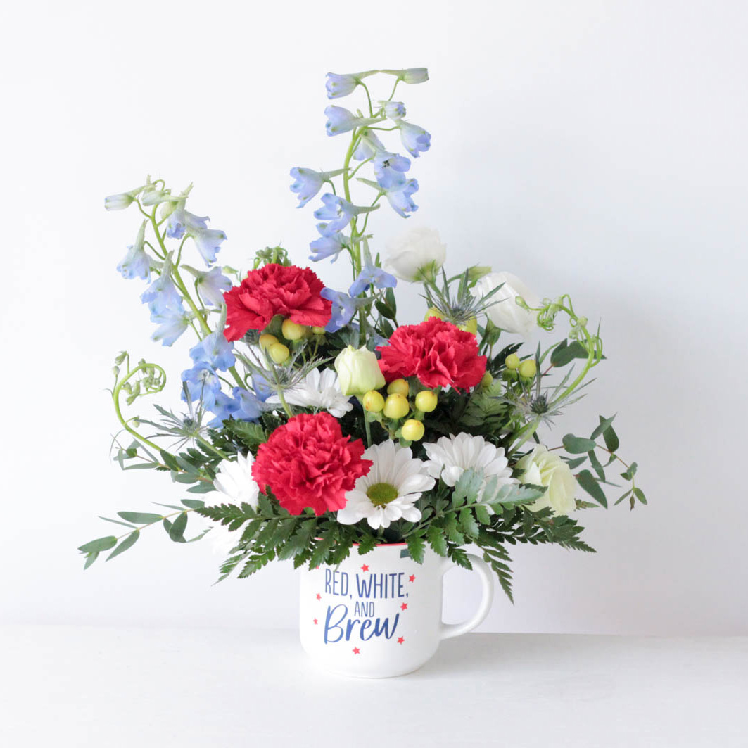 Red, White, and Brew Coffee Mug Floral Arrangement