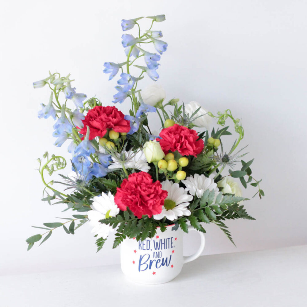 Red, White, and Brew Coffee Mug Floral Arrangement