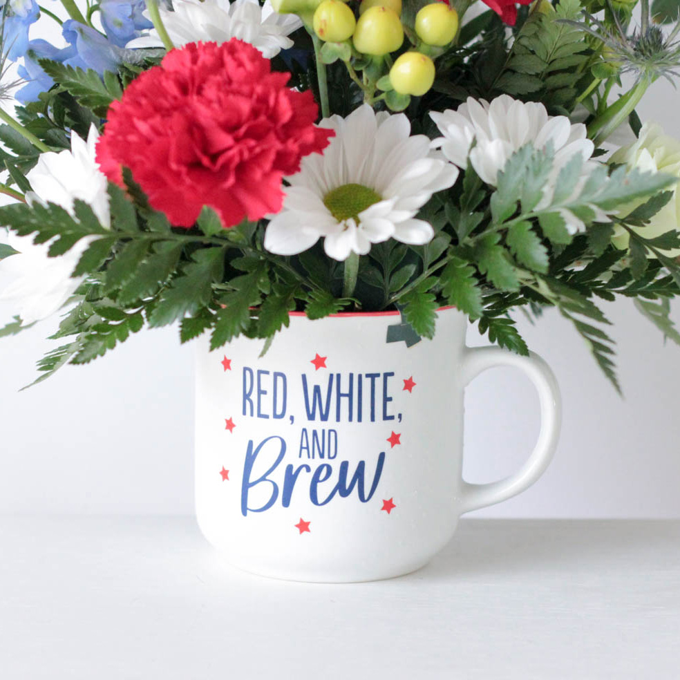 Red, White, and Brew Coffee Mug Floral Arrangement